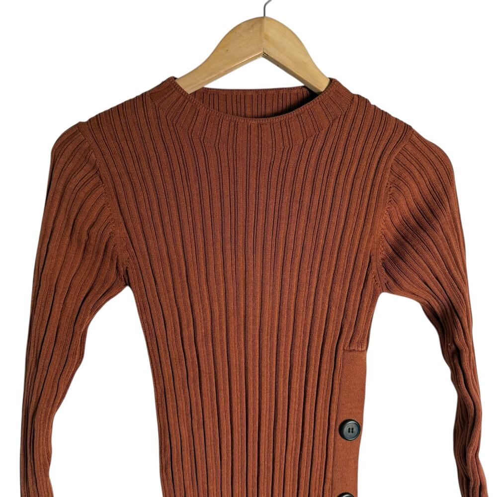 Adam Lippes Rust Ribbed Knit Side Button Long Sleeve Sweater Midi Dress Size S - Picture 7 of 16